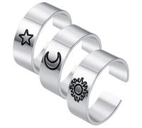 PLAFOPE Anillo Abierto Ajustable de Metal para Mujer, Estilo Retro Plata, Cómodo para Uso Diario, Pack de 3 Piezas Diseño y Luna