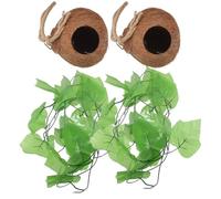 PLAFOPE Casa Nido para Reptiles y Mascotas Pequeñas Diseño Colgante de Cuerda, Material Natural de Cáscara de Fruto Tropical y Hierba Artificial, Juego de 4 Piezas Marrón