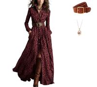 Plaid Maxi Dress for Women, Vintage Western Cowgirl Flowy Dresses, Personalized Long Sleeve V-Neck Maxi Shirt Dresses (1PCS-B,M)