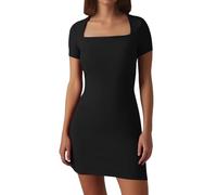Plain Sexy Tight Square Collar Short Sleeve One Word Dress Woman(Black,L)