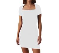 Plain Sexy Tight Square Collar Short Sleeve One Word Dress Woman(White,M)