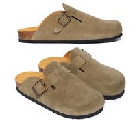 PLAKTON Blog Zuecos Cerrados Hombre Mujer, Piel Ante con Suela de Corcho, Hebilla Ajustable, Mules Cómodos Estilo Clog Anatómico, Tallas 35-47, Caqui/Khaki