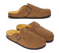 PLAKTON Blog Zuecos Cerrados Hombre Mujer, Piel Ante con Suela de Corcho, Hebilla Ajustable, Mules Cómodos Estilo Clog Anatómico, Tallas 35-47, Marrón/Visón