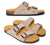 PLAKTON Formentera Sandalia de Corcho Hombre y Mujer, Piel Ante Afelpada con Hebillas Ajustables, Plantilla Anatómica Memory Cushion, Cómodas, Beige-Stone
