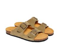 PLAKTON Formentera Sandalia de Corcho Hombre y Mujer, Piel Ante Afelpada con Hebillas Ajustables, Plantilla Anatómica Memory Cushion, Cómodas, Mules, Verde-Khaki