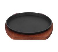 Plancha Redonda de Hierro Fundido para Carne, 21x19x2,5cm | Base de Madera, Superficie Antiadherente, para Inducción, Servicio en Mesa y Uso en Restaurante