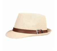 Plancholo Sombrero Fedora Trilby de paja para hombre y mujer, sombrero de panamá, sombrero de verano, viajes, playa, sombrero de sol, gorra de jazz de ala corta con banda de cuero, beige, Talla única