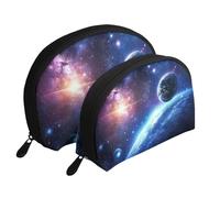 Planet Earth Shines in The Background - Bolsas de maquillaje impresas de 2 piezas portátil con diseño de concha de viaje, White, Talla única