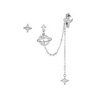 Planet - Pendientes asimétricos de plata de ley 925, diseño de estrella de luna, para mujeres, adolescentes, niñas, lindos regalos hipoalergénicos, Plata de ley, Cubic Zirconia