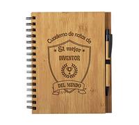 Planetacase - Cuaderno de Notas el Mejor inventor del Mundo - Libreta de Madera Natural con Boligrafo - Bloc de Notas A5 con 80 Hojas - Diseño Grabado en Bajorrelieve