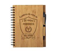 Planetacase - Cuaderno de Notas el Mejor periodista del Mundo - Libreta de Madera Natural con Boligrafo - Bloc de Notas A5 con 80 Hojas - Diseño Grabado en Bajorrelieve