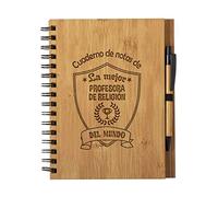 Planetacase - Cuaderno de Notas la Mejor profesora de religion del Mundo - Libreta de Madera Natural Tamaño A5 con Boligrafo - Regalo para Profesores