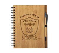 Planetacase - Cuaderno de Notas la Mejor profesora del Mundo - Libreta de Madera Natural con Boligrafo - Bloc de Notas A5 con 80 Hojas - Diseño Grabado en Bajorrelieve