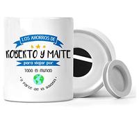 Planetacase - Hucha Viaje Personalizada - Hucha para Parejas con Nombres Novios - Ahorros para Viajes Romántica - Cerámica 95 x 80 mm - Los Ahorros De..., Cerámica