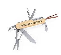 Planetacase - Navaja Multiusos Personalizada con Nombre - Empuñadura de Madera Grabada - Abridor, Tijeras, Lima, Destornillador, Sacacorchos - Longitud 10cm - Acero Inoxidable
