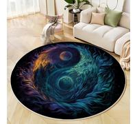 Planetas Bosques Símbolos Yin-Yang Alfombras Redondas, Arte De Fantasía Cósmica Alfombra Redonda 120cm, Antideslizante Lavable Alfombra Para Sala De Estar Sofá Dormitorio Pasillo Cocina, Azul Verdoso