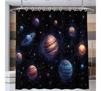 Planetas del Sistema Solar Cortina De Ducha 200 * 200cm De Caída, Cortina De Baño Tema del Universo De Dibujos Animados, Impermeable Lavable Cortinas Ducha con Ganchos para Bañera Y Hotel, Negro