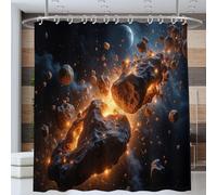 Planetas Desechos Cortina de Ducha 180 x 200 cm, Inmensidad Universo Cortinas de Ducha Lavables baño Tela de Cortina Duche Impermeable Antimoho con 12 Ganchos(Negro Naranja)