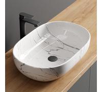 Planetmöbel Aquil Deluxe Lavabo cuadrado | Lavabo superior para baño y aseo de invitados, lavabo de manos sin agujero de grifo y rebosadero, mármol blanco, 60 x 40 x 15 cm