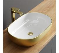 Planetmöbel Aquil Deluxe Lavabo Oval | Lavabo de encimera para baño y aseo de invitados | Lavabo sin orificio para grifo y desagüe | Oro Blanco, 60 x 40 x 15 cm