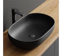 Planetmöbel Aquil Deluxe Lavabo Oval | Lavabo de encimera para baño y aseo de invitados | Lavabo sin orificio para grifo y desagüe | Negro mate, 60 x 40 x 15 cm