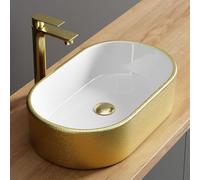 Planetmöbel Aquil Elegant Lavabo oval de sobremesa, para baño y aseo de invitados, sin agujero para grifo y desagüe, dorado, blanco, 55 x 34 x 14 cm
