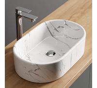 Planetmöbel Aquil Elegant Lavabo Oval | Lavabo de sobremesa para baño y aseo de invitados | Lavabo de mano sin orificio para grifo y desagüe | Mármol Blanco, 55 x 34 x 14 cm