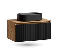 Planetmöbel Arisa Conjunto de muebles de baño Lavabo 80 cm Roble dorado negro (estriado), Lavabo 55 cm negro, incl. sifón ahorrador de espacio