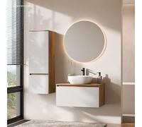 Planetmöbel Arisa - Juego de muebles de baño con armario bajo (80 cm, roble dorado y blanco estriado) con espejo NOVA y armario alto, lavabo de 42 cm, color blanco, incluye sifón para ahorrar espacio