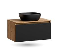 Planetmöbel Arisa juego de muebles de baño, lavabo de 80 cm en oro roble negro, lavabo de 42 cm negro, incluye sifón de ahorro de espacio