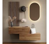 Planetmöbel Armario de pasillo - 2 x 100 cm - Roble dorado - Panel de pared de 50 cm - Roble dorado/antracita - Con espejo de 50 cm (sin LED) - 32,5 x 100 x 37,8 cm (A x L x P)