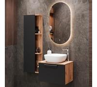 Planetmöbel Astra Conjunto Muebles de baño con Mueble bajo Lavabo 60 cm, 1 Armario Lateral Roble Dorado Antracita, lavamanos sobre encimera 42 cm Blanco, Espejo (con LED) 50 cm