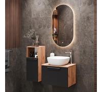 Planetmöbel Astra Conjunto Muebles de baño con Mueble bajo Lavabo 60 cm, 1 Armario Midi Roble Dorado Antracita, lavamanos sobre encimera 42 cm Blanco