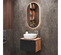 Planetmöbel Astra Conjunto Muebles de baño con Mueble bajo Lavabo 60 cm, Roble Dorado Antracita, lavamanos sobre encimera 42 cm Blanco, Espejo (con LED) 50 cm
