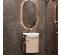 Planetmöbel Conjunto de Muebles de baño Lavabo con Mueble 45 x 60 x 33 cm, Espejo con iluminación 50 x 90 cm para Aseo de Invitados, Roble Sonoma