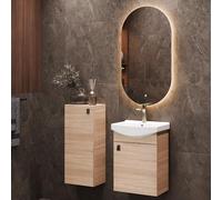 Planetmöbel Conjunto de Muebles de baño Lavabo con Mueble 45 x 60 x 33 cm, Espejo con iluminación 50 x 90 cm y Armario Midi Aseo de Invitados, Roble Sonoma
