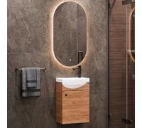 Planetmöbel Conjunto de Muebles de baño Lavabo con Mueble bajo 40 x 60 x 29 cm, Espejo con iluminación 50 x 90 cm para Cuarto de baño y WC de Invitados, Roble Dorado