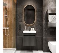 Planetmöbel Cosmia Conjunto de muebles de baño Lavabo con mueble bajo 50 x 60 x 35 cm Antracita, Grifería de baño negra, Lavabo de cerámica con puerta