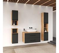 Planetmöbel Juego Completo de Muebles de baño (90 cm, Roble/Antracita, Armario bajo Lavabo con Lavabo, 2 armarios Midi y Armario Alto Lux 30 cm)