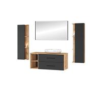 Planetmöbel Juego completo de muebles de baño de 4 piezas de 120 cm con lavabo y 2 armarios laterales, color roble oro/antracita