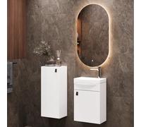 Planetmöbel Juego de muebles de baño con armario bajo 40 x 60 x 29 cm, espejo con iluminación de 50 x 90 cm y armario midi para baño, baño y baño de invitados, color blanco