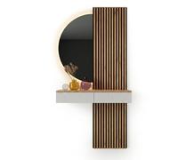 Planetmöbel Juego de perchero de pasillo de 100 cm, incluye espejo semicircular con iluminación de 50 x 100 cm, 2 paneles acústicos de 120 x 50 cm, muebles de pasillo modernos, color dorado y blanco