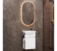 Planetmöbel Lavabo con Mueble 40 cm, con lavamanos de cerámica y Espejo Oval con iluminación, Conjunto de Muebles de baño para WC de Invitados, Blanco Mate