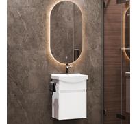 Planetmöbel Lavabo con Mueble bajo 45 cm con lavamanos de cerámica y Espejo de baño Ovalado con iluminación, Muebles de baño para Invitados, Blanco Mate