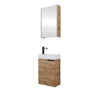 Planetmöbel Mueble bajo lavabo con armario con espejo, juego de muebles de baño, 40 cm, para cuarto de baño, invitados, inodoro dorado, roble
