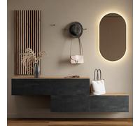 Planetmöbel Mueble de pasillo, guardarropa, 2 x 140 cm, roble dorado/negro carbón, panel de pared de 50 cm, roble dorado/antracita, espejo 50 cm (sin led), 32,5 x 140 x 37,8 cm (al x an x prof)
