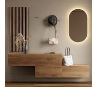 Planetmöbel Muebles de pasillo Guardarropa 2X 140cm Oro Roble, Panel de pared 50cm Oro Roble/Antracita con espejo 50cm (sin LED), Perchero de pared 32,5H x 140A x 37,8P cm