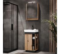 Planetmöbel Nyx juego de muebles de baño de 3 piezas, lavabo con armario inferior 50 x 85,9 x 42 cm, roble Wotan/antracita in rmario de espejo 50 x 65 x 11,4 cm con iluminación LED de montaje y