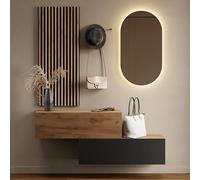 Planetmöbel Perchero para muebles de pasillo, 2 x 100 cm, color dorado y antracita, panel de pared de 50 cm, color dorado y antracita con espejo de 50 cm (sin LED), 32,5 x 100 x 37,8 cm