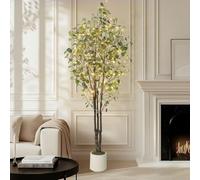 Planta artificial de eucalipto con luces LED, 210 cm de alto, planta artificial de eucalipto, decoración moderna para interior y exterior, plantas artificiales de plástico en color blanco, maceta para